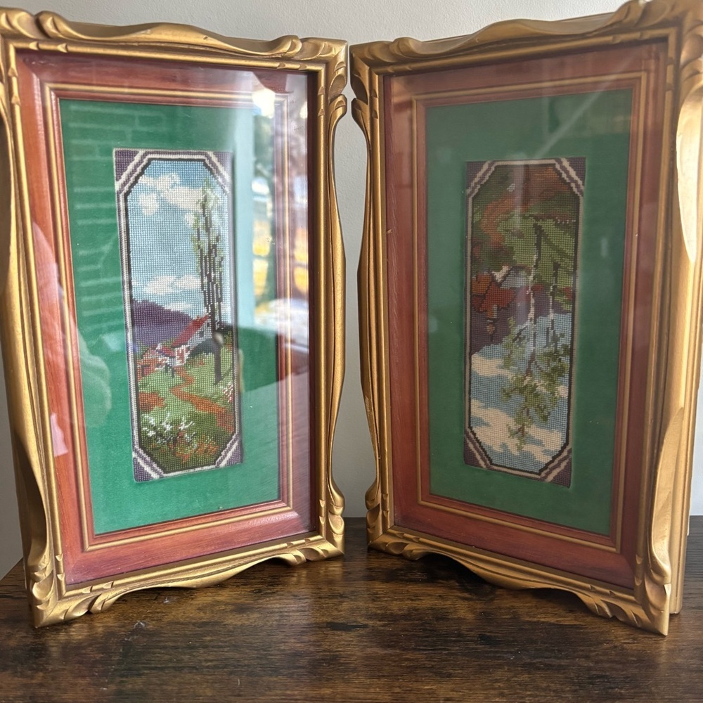 Vintage| Antique Gold Framed Landscape Art Petit Point Needlepoint Pair 11 x 6”